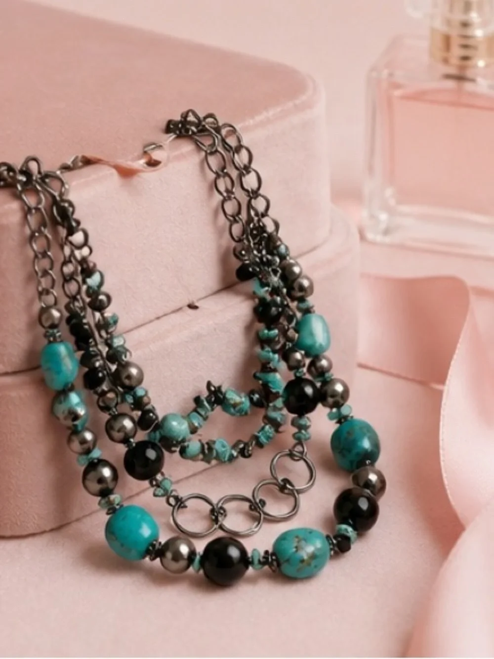 Southwestern Boho Turquoise Hematite layered multi strand Statement Necklace